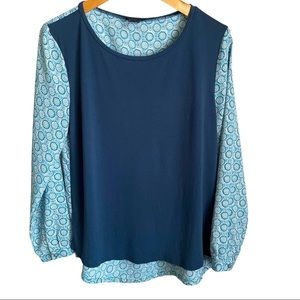 ANN TAYLOR Petite Mixed Media Long Sleeve Blue/Teal Tunic Top size LP